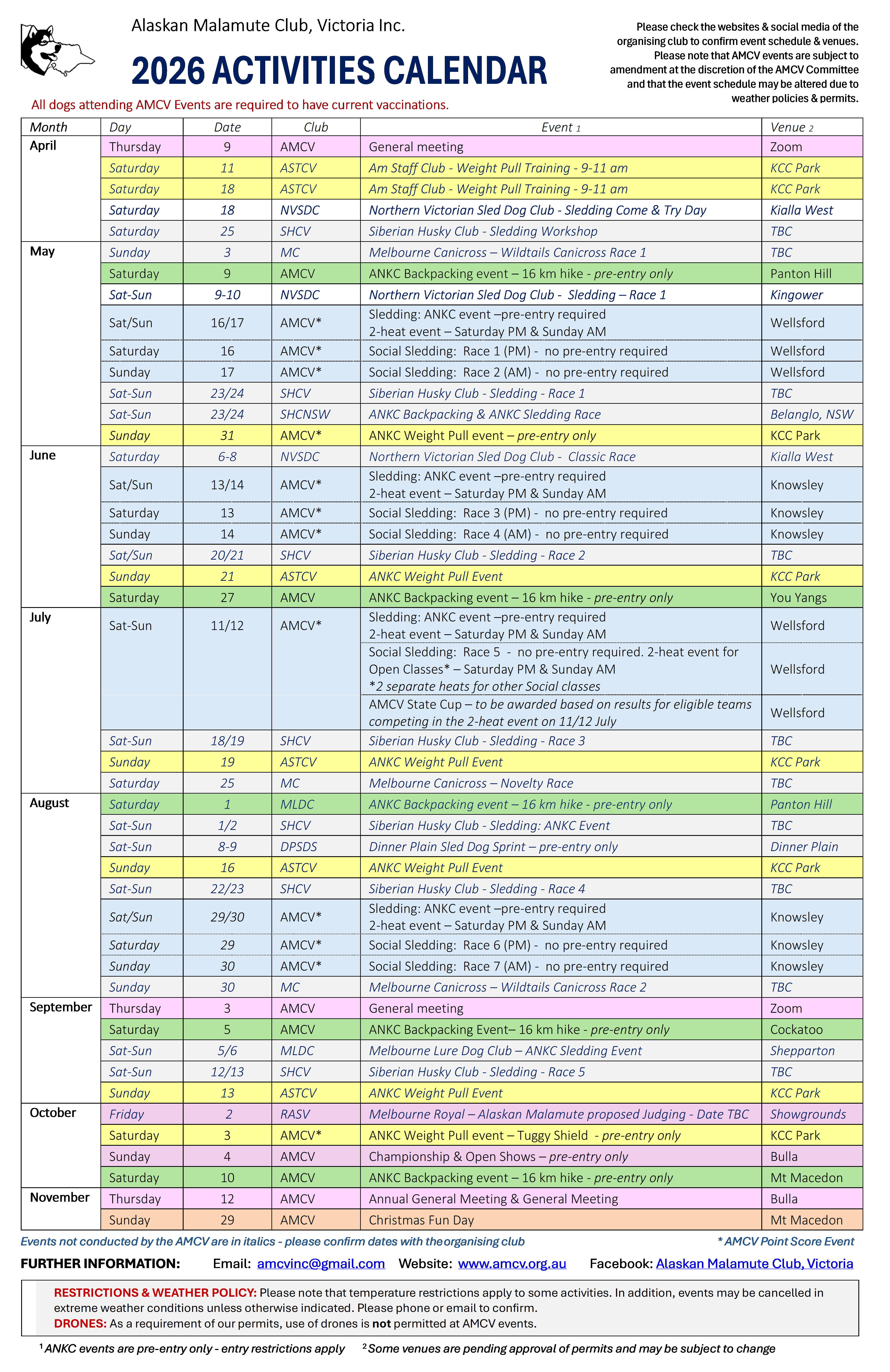 2026 Activities Calendar